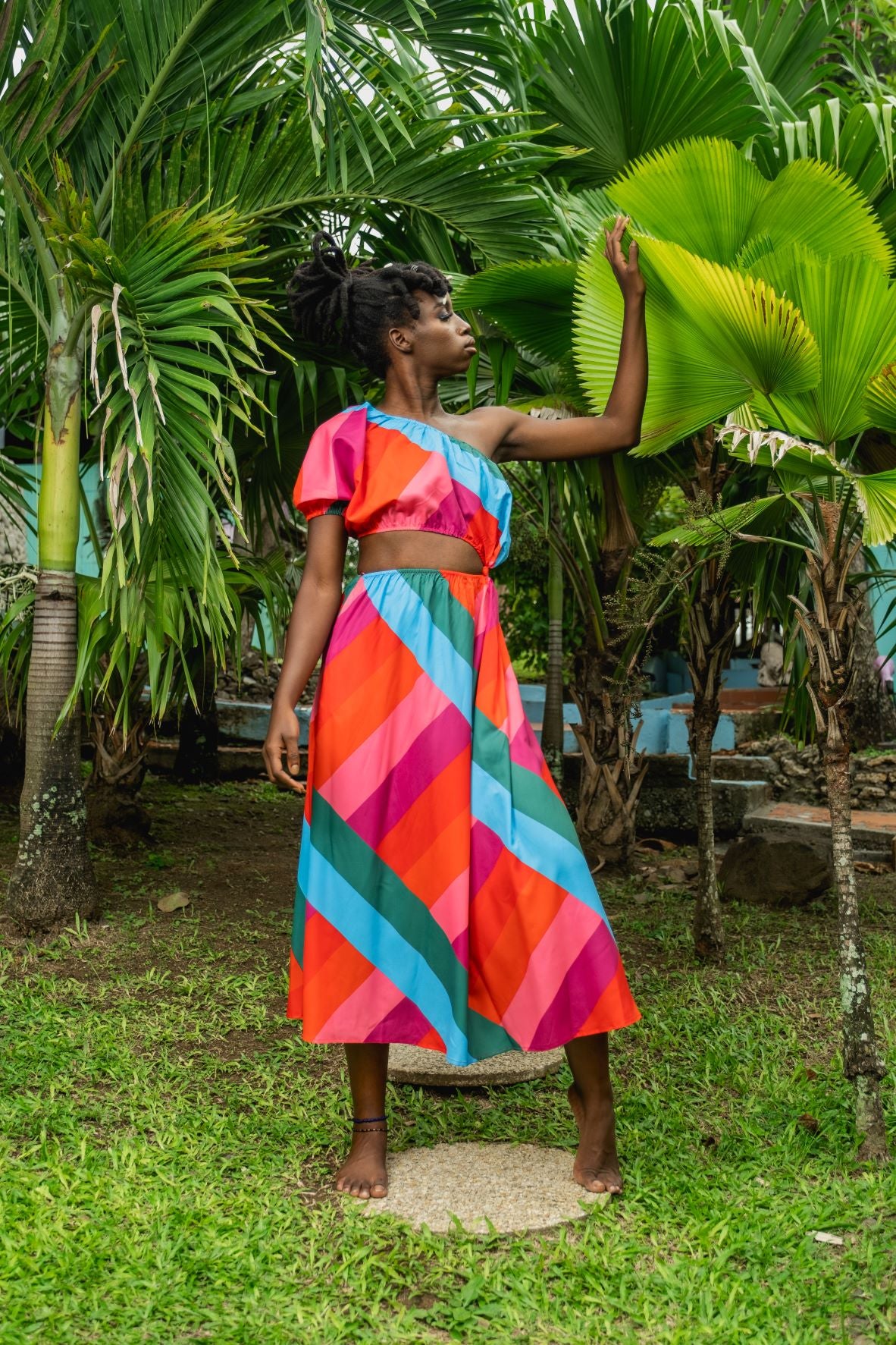 Monaco | One Shoulder Midi Dress w pockets | Multi