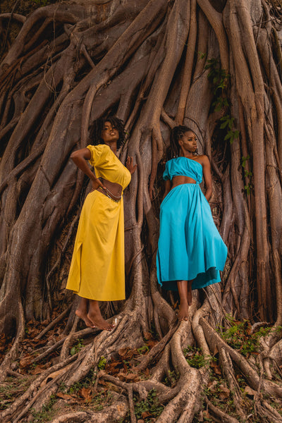 Monaco | One shoulder Midi Dress w pockets | Yellow