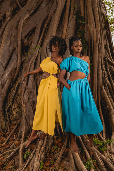 Monaco | One shoulder Midi Dress w pockets | Yellow
