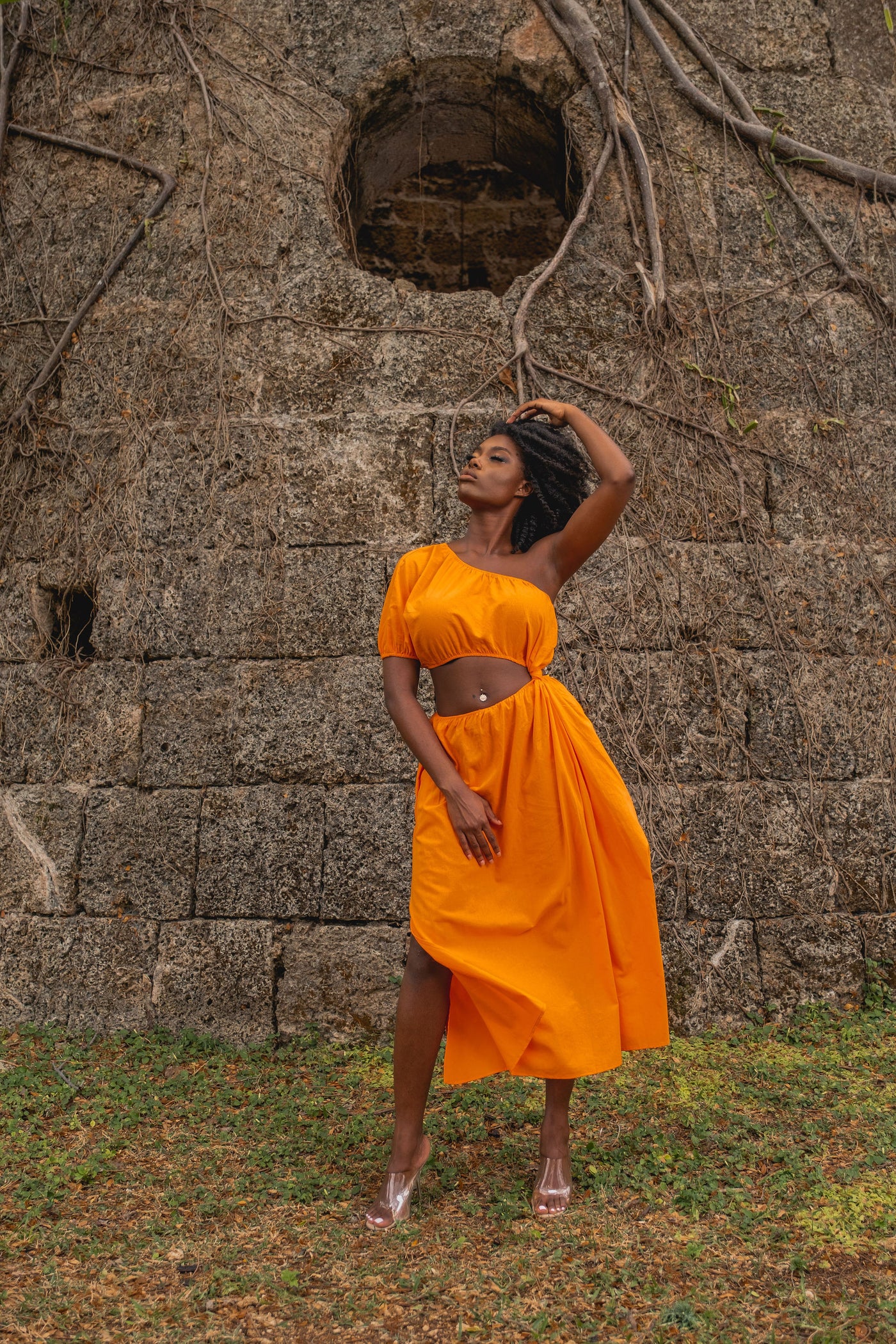 Monaco  | One Shoulder Midi Dress w pockets | Orange