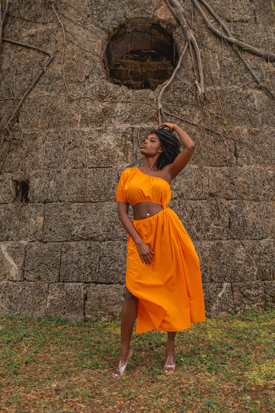 Monaco  | One Shoulder Midi Dress w pockets | Orange