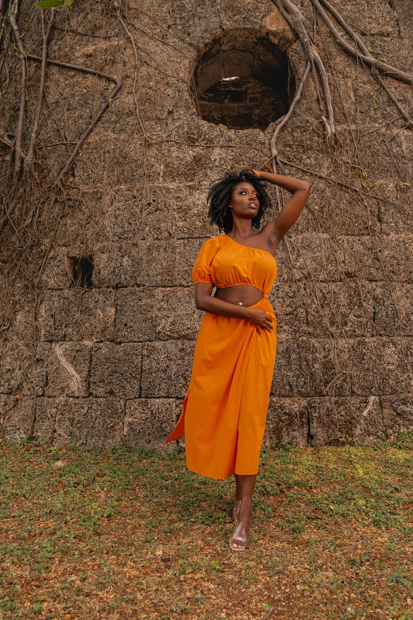 Monaco  | One Shoulder Midi Dress w pockets | Orange