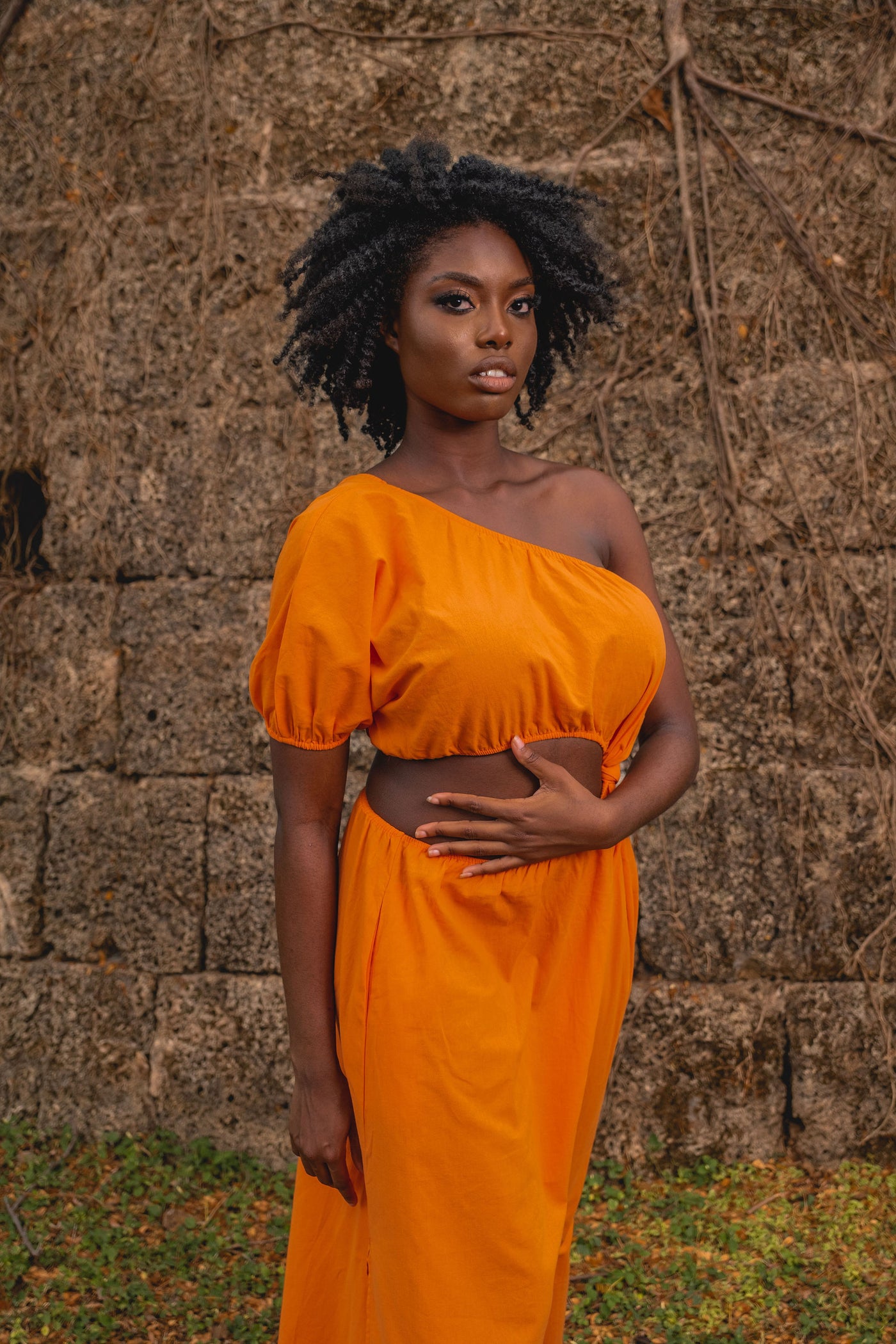 Monaco  | One Shoulder Midi Dress w pockets | Orange
